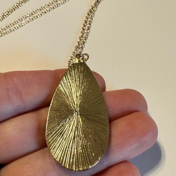 PALMERO WOOD & BRONZE NEUTRAL COLORBLOCK TEARDROP PENDANT NECKLACE - Picture 6 of 8